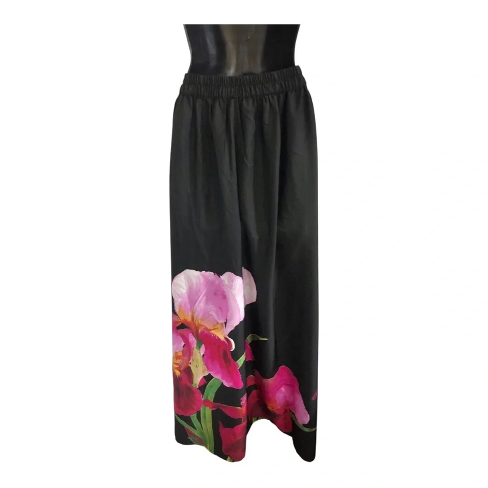 Black pink hibiscus floral tropical print hem wide leg flowy pants size XL new - Picture 9 of 17